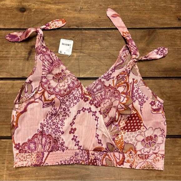 Free People Weekend In Montauk Tank Top Large Smocked Crop Tie Strap NWT Pink - Picture 6 of 13